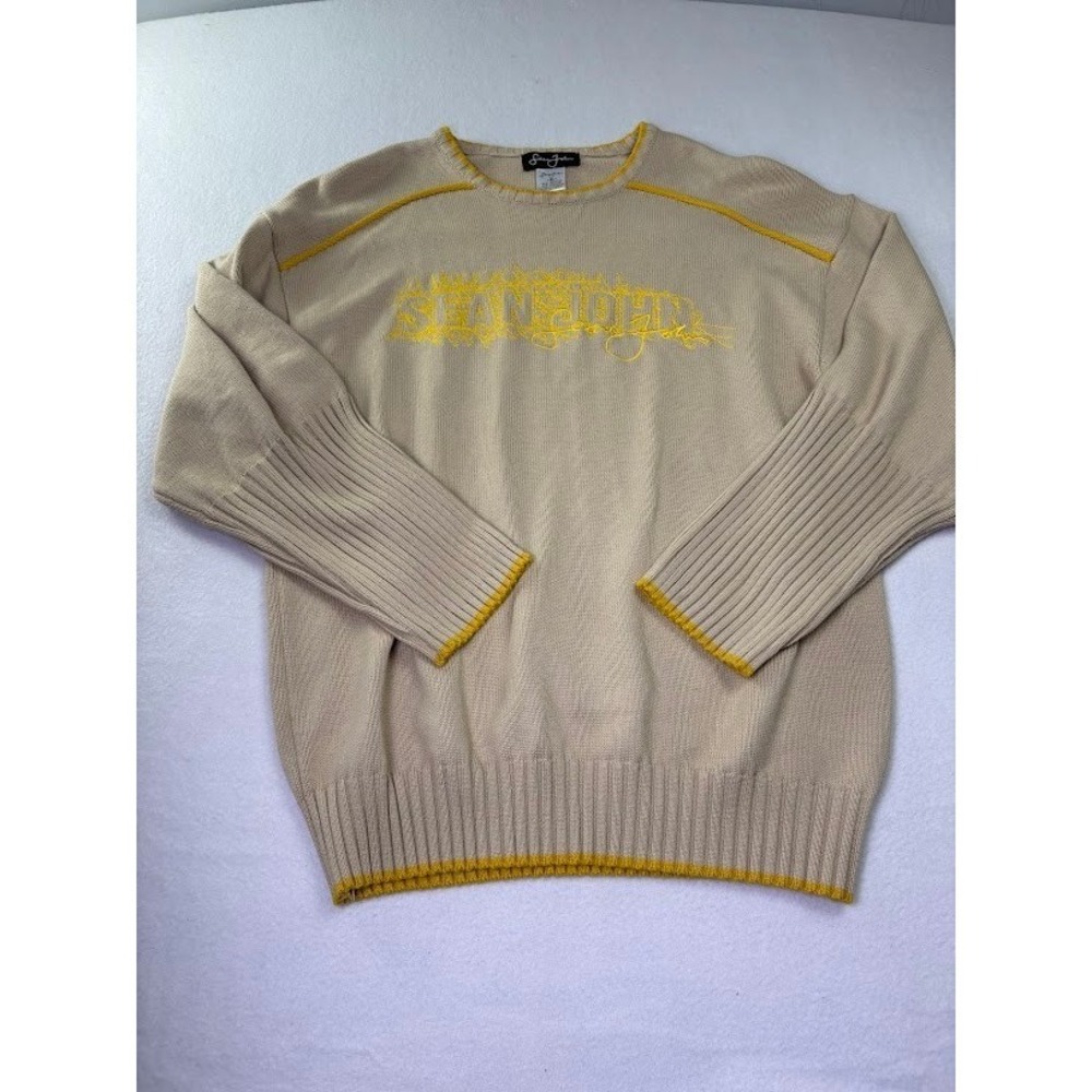 Sean John Sweater Mens XL Tan Knit‎ Pullover Wool Blend V Neck Collection Logo